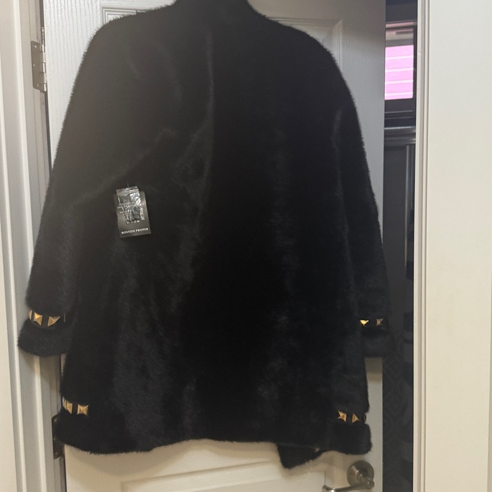Boston Proper Black Faux Fur Teddy Jacket with Gold Accents - Picture 3 of 4
